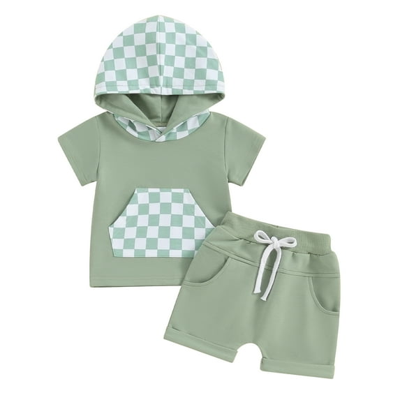 Bagilaanoe 2pcs Toddler Baby Boy Girl Shorts Set Short Sleeve Checkerboard Print Hooded Tops + Shorts 6M 12M 18M 24M 3T Kids Casual Summer Clothes