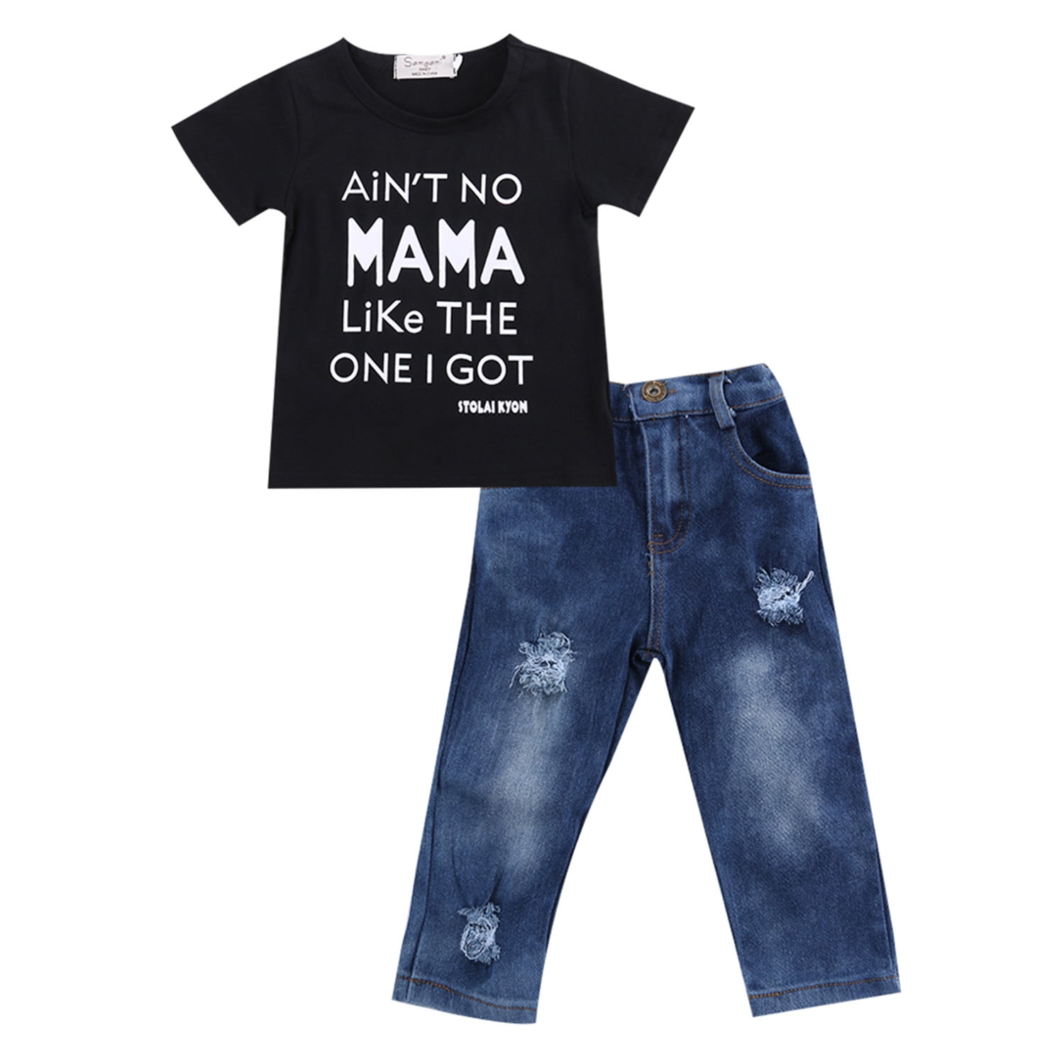 Bagilaanoe 2pcs Toddler Baby Boy Long Pants Set Letter Print Short Sleeve T Shirts Tops + Ripped Jeans Trousers 18M 24M 3T 4T 5T 6T Kids Casual Summer Outfits