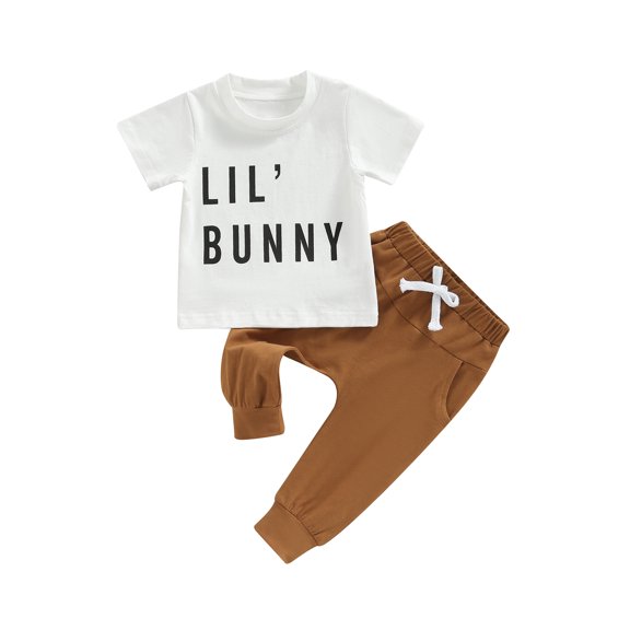 Bagilaanoe 2pcs Toddler Baby Boy Long Pants Set Short Sleeve Letters Print T Shirt Tops + Trousers 6M 12M 18M 24M 3T Kids Casual Outfits
