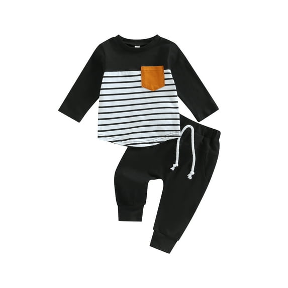 Bagilaanoe 2pcs Toddler Baby Boy Long Pants Set Stripes Print Long Sleeve T-shirtTops + Sweatpants 6M 12M 18M 24M 3T Kids Casual Outfits