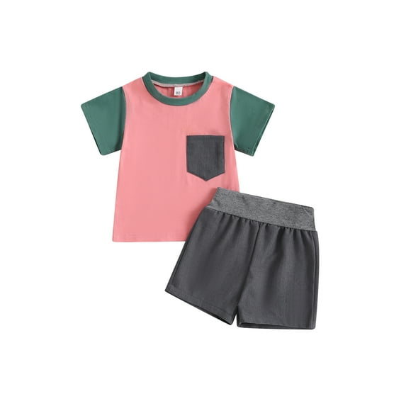 Bagilaanoe 2pcs Toddler Baby Boy Short Pants Set Contrast Color Short Sleeve Print T-Shirt Tops + Shorts 6M 12M 18M 24M 3T 4T Kids Casual Summer Outfits
