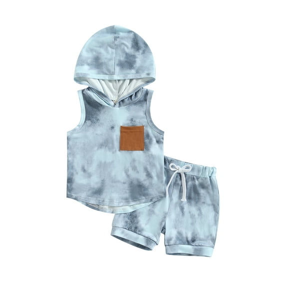 Bagilaanoe 2pcs Toddler Baby Boy Short Pants Set Sleeveless Dye Print Hooded Tops + Shorts 6M 12M 18M 24M 3T Kids Casual Summer Outfits