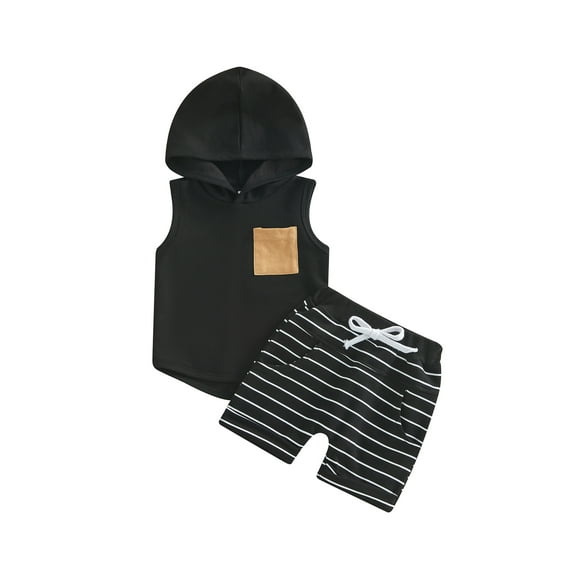 Bagilaanoe 2pcs Toddler Baby Boy Short Pants Set Sleeveless Hooded Tank Tops Striped Shorts 6M 12M 18M 24M 3T Kids Casual Summer Outfits