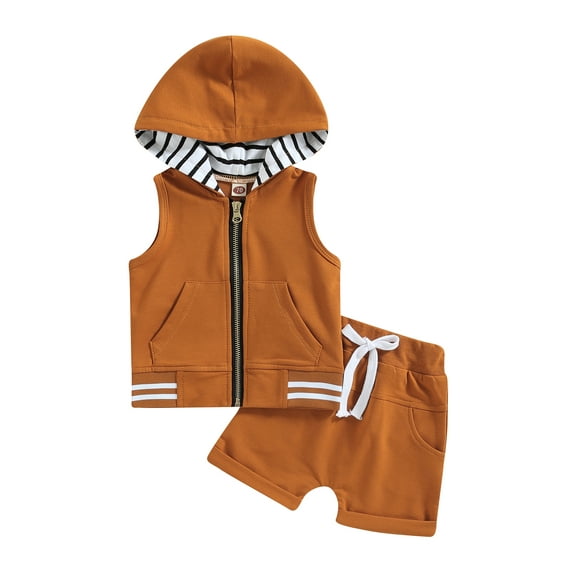 Bagilaanoe 2pcs Toddler Baby Boy Short Pants Set Sleeveless Zipper Hoodie Tops + Shorts 3M 6M 12M 18M 24M 3T Kids Casual Summer Outfits