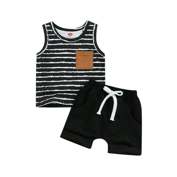 Bagilaanoe 2pcs Toddler Baby Boy Short Pants Set Striped Sleeveless Tank Tops + Shorts 6M 12M 18M 24M 3T Kids Casual Summer Outfits