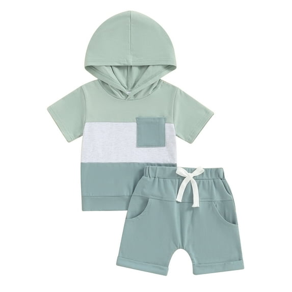 Bagilaanoe 2pcs Toddler Baby Boy Shorts Set Contrast Color Short Sleeve Hooded T-Shirt Tops + Shorts 6M 12M 18M 24M 3T Kids Casual Summer Clothes