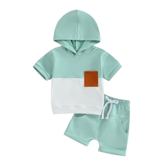 Bagilaanoe 2pcs Toddler Baby Boy Shorts Set Contrast Colors Short Sleeve Hooded T-Shirt Tops   Shorts 3M 6M 12M 18M 24M 3T Kids Casual Summer Clothes