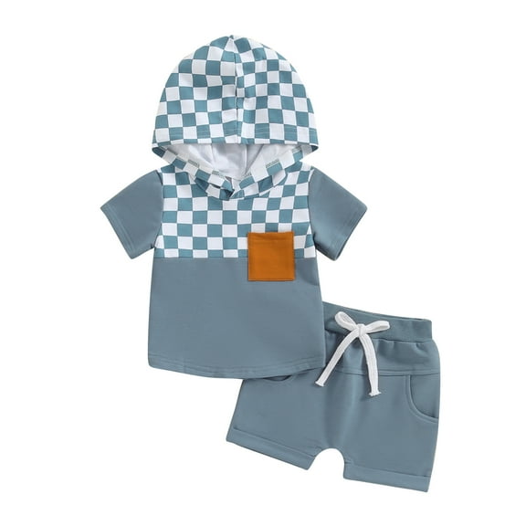 Bagilaanoe 2pcs Toddler Baby Boy Shorts Set Short Sleeve Checkerboard Patchwork Hoodie T-Shirt Tops   Shorts 6M 12M 18M 24M 3T Kids Casual Summer Clothes