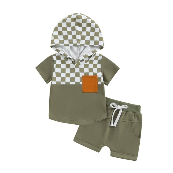 Bagilaanoe 2pcs Toddler Baby Boy Shorts Set Short Sleeve Checkerboard Patchwork Hoodie T-Shirt Tops Shorts 6M 12M 18M 24M 3T Kids Casual Summer Clothes
