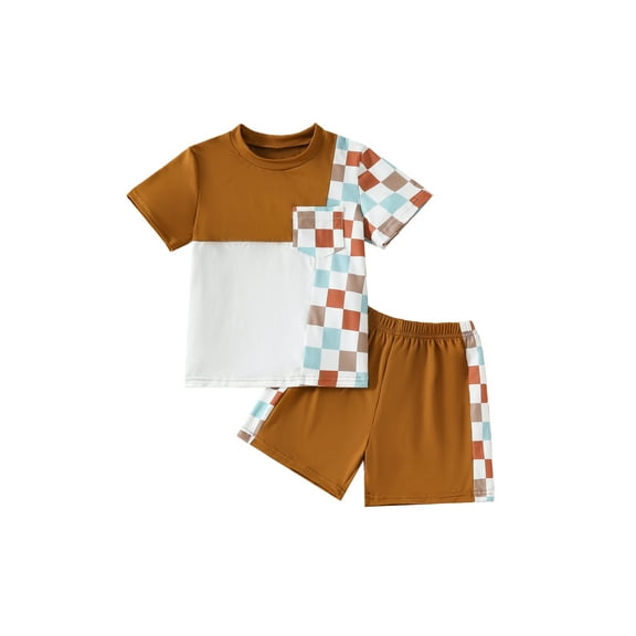 Bagilaanoe 2pcs Toddler Baby Boy Shorts Set Short Sleeve Checkerboard Print T Shirt Tops   Shorts 18M 24M 3T 4T 5T 6T Kids Casual Summer Clothes