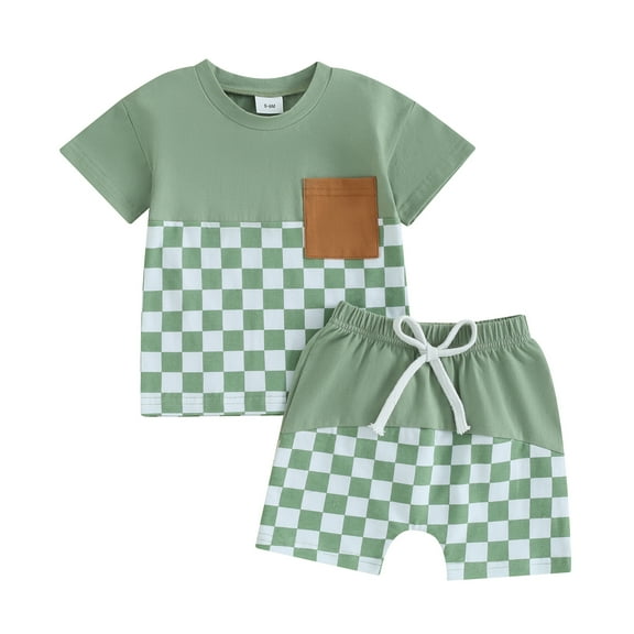 Bagilaanoe 2pcs Toddler Baby Boy Shorts Set Short Sleeve Checkerboard Print T Shirt Tops + Shorts 6M 12M 18M 24M 3T Kids Casual Summer Clothes