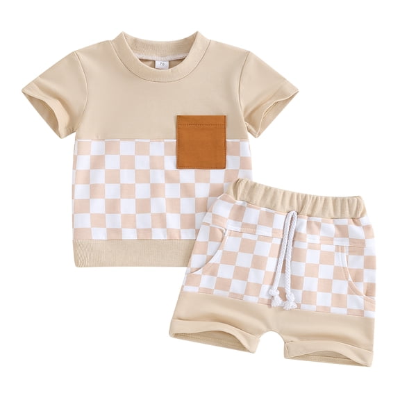 Bagilaanoe 2pcs Toddler Baby Boy Shorts Set Short Sleeve Checkerboard Print T Shirt Tops   Shorts 6M 12M 18M 24M 3T Kids Casual Summer Clothes