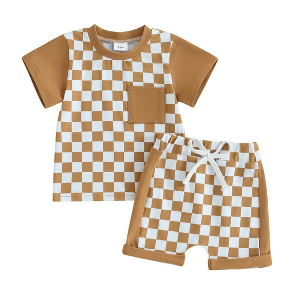 Bagilaanoe 2pcs Toddler Baby Boy Shorts Set Short Sleeve Checkerboard T Shirt Tops   Shorts 6M 12M 18M 24M 3T Kids Casual Summer Clothes