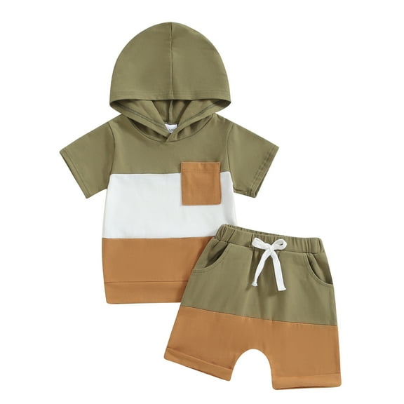 Bagilaanoe 2pcs Toddler Baby Boy Shorts Set Short Sleeve Hooded T Shirt Tops   Shorts 3M 6M 12M 18M 24M 3T Kids Casual Summer Contrast Color Clothes