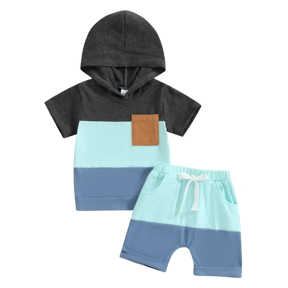 Bagilaanoe 2pcs Toddler Baby Boy Shorts Set Short Sleeve Hooded T Shirt Tops   Shorts 3M 6M 12M 18M 24M 3T Kids Casual Summer Contrast Color Clothes