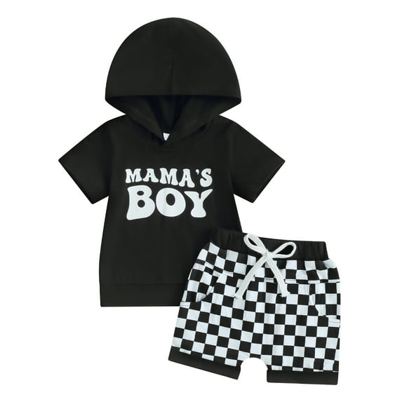 Bagilaanoe 2pcs Toddler Baby Boy Shorts Set Short Sleeve Letter Hoodie Tops + Checkerboard Shorts 6M 12M 18M 24M 3T Kids Casual Summer Clothes