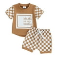 thumbnail image 1 of Bagilaanoe 2pcs Toddler Baby Boy Shorts Set Short Sleeve Letter Print T Shirt Tops + Plaid Shorts 6M 12M 18M 24M 3T Kids Casual Summer Clothes, 1 of 8