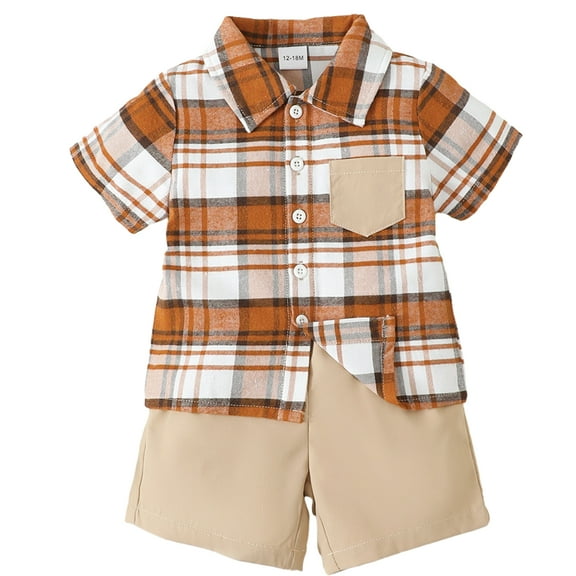 Bagilaanoe 2pcs Toddler Baby Boy Shorts Set Short Sleeve Plaid Print Shirt Tops   Shorts 12M 18M 24M 3T 4T 5T Kids Casual Summer Clothes
