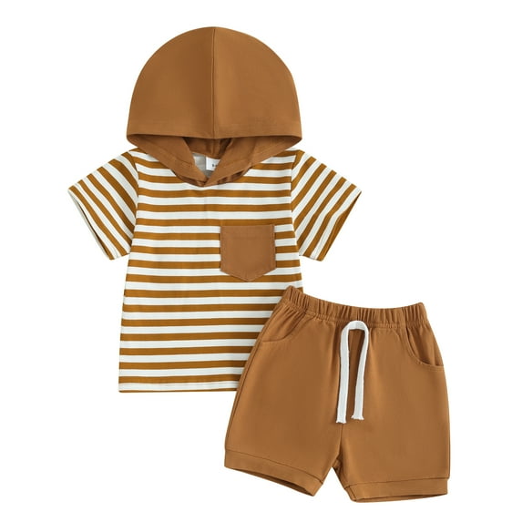 Bagilaanoe 2pcs Toddler Baby Boy Shorts Set Short Sleeve Striped Hooded T Shirt Tops + Shorts 6M 12M 18M 24M 3T Kids Casual Summer Clothes