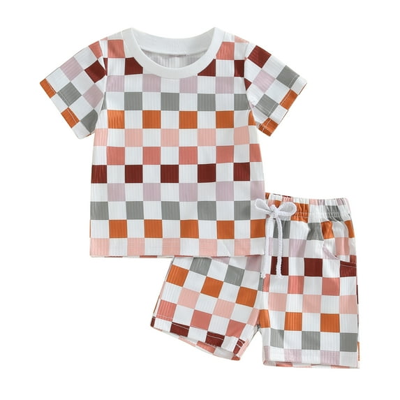 Bagilaanoe 2pcs Toddler Baby Boy Shorts Set Short Sleeve T Shirt Tops + Checkerboard Shorts 6M 12M 18M 24M 3T Kids Casual Summer Clothes