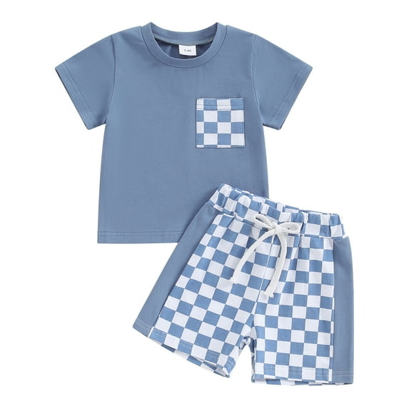 Bagilaanoe 2pcs Toddler Baby Boy Shorts Set Short Sleeve T Shirt Tops + Checkerboard Shorts 6M 12M 18M 24M 3T Kids Casual Summer Clothes