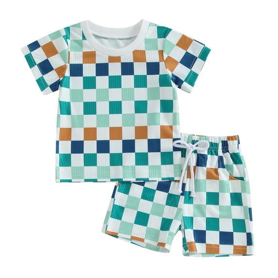 Bagilaanoe 2pcs Toddler Baby Boy Shorts Set Short Sleeve T Shirt Tops + Checkerboard Shorts 6M 12M 18M 24M 3T Kids Casual Summer Clothes