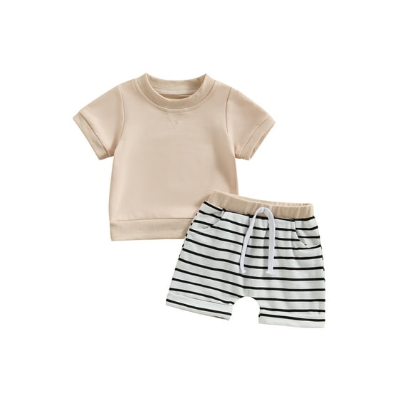 Bagilaanoe 2pcs Toddler Baby Boy Shorts Set Short Sleeve T Shirt Tops + Striped Shorts 6M 12M 18M 24M 3T Kids Casual Summer Clothes
