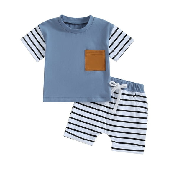 Bagilaanoe 2pcs Toddler Baby Boy Shorts Set Short Sleeve T Shirt Tops + Stripes Shorts 6M 12M 18M 24M 3T Kids Casual Summer Clothes