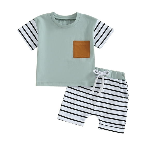 Bagilaanoe 2pcs Toddler Baby Boy Shorts Set Short Sleeve T Shirt Tops   Stripes Shorts 6M 12M 18M 24M 3T Kids Casual Summer Clothes