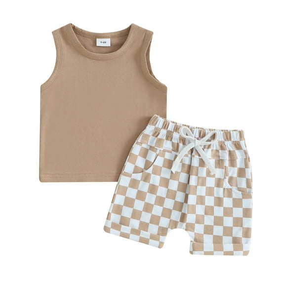 Bagilaanoe 2pcs Toddler Baby Boy Shorts Set Sleeveless Tank Tops + Checkerboard Shorts 6M 12M 18M 24M 3T Kids Casual Summer Clothes