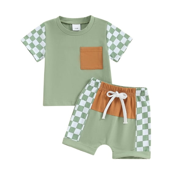Bagilaanoe 2pcs Toddler Baby Boyl Shorts Set Short Sleeve Checkerboard T Shirt Tops + Patchwork Shorts 6M 12M 18M 24M 3T Kids Casual Summer Clothes