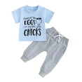 thumbnail image 1 of Bagilaanoe 2pcs Toddler Baby Boys Easter Outfits Pants Set Short Sleeve Letter Print T-shirt Tops + Sweatpants 6M 12M 18M 24M 3T Kids Casual Easter Clothes, 1 of 8