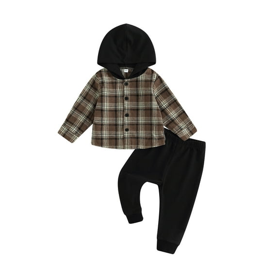 Bagilaanoe 2pcs Toddler Baby Boys Long Pants Set Plaid Long Sleeve Hoodies Shirts Tops + Trousers 9M 12M 18M 24M 3T 4T Kids Casual Outfits