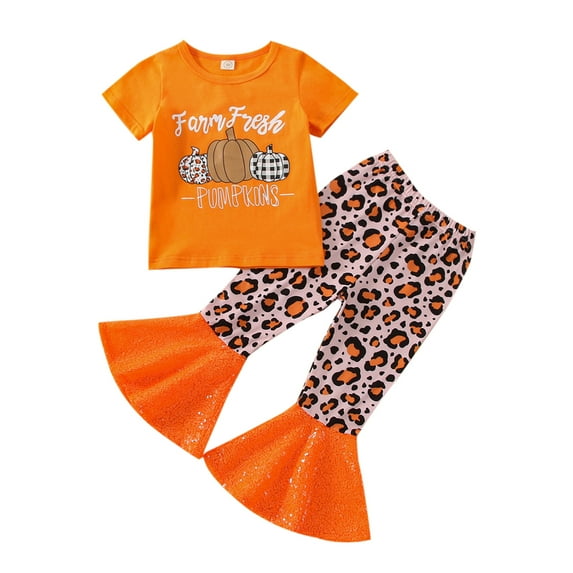 Bagilaanoe 2pcs Toddler Baby Girl Boy Halloween Outfits Pumpkin Letter Print Short Sleeve T-Shirt Tops + Leopard Flared Trousers 18M 24M 3T 4T 5T 6T Kids Casual Long Pants Set