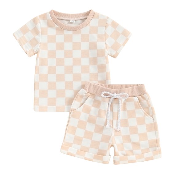 Bagilaanoe 2pcs Toddler Baby Girl Boy Shorts Set Short Sleeve Checkerboard T Shirt Tops + Shorts 6M 12M 18M 24M 3T Kids Casual Summer Clothes