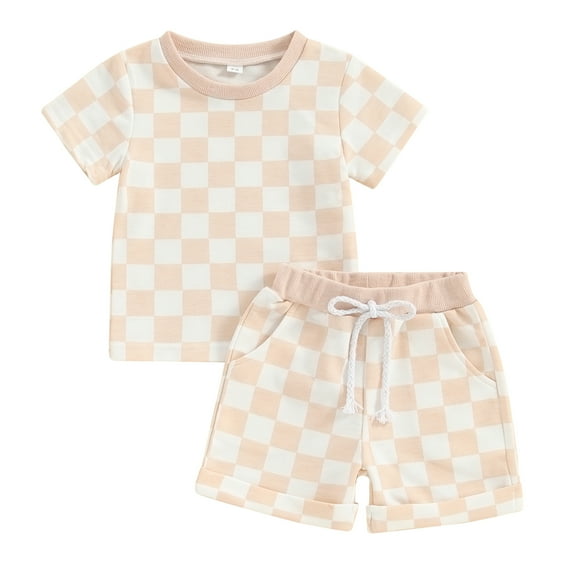 Bagilaanoe 2pcs Toddler Baby Girl Boy Shorts Set Short Sleeve Checkerboard T Shirt Tops + Shorts 6M 12M 18M 24M 3T Kids Casual Summer Clothes