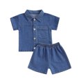 thumbnail image 1 of Bagilaanoe 2pcs Toddler Baby Girl Denim Shorts Set Short Sleeve Shirt Tops + Shorts 6M 12M 18M 24M 3T 4T Kids Casual Summer Clothes, 1 of 8