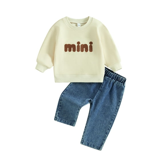 Bagilaanoe 2pcs Toddler Baby Girl Long Pants Set Letter Embroidery Long Sleeve Sweatshirt + Jeans Denim Trousers 6M 12M 18M 24M 3T Kids Fall Casual Clothes