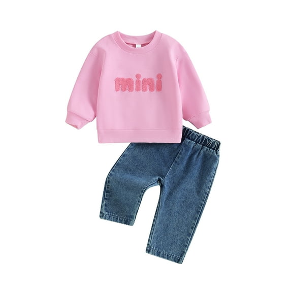 Bagilaanoe 2pcs Toddler Baby Girl Long Pants Set Letter Embroidery Long Sleeve Sweatshirt + Jeans Denim Trousers 6M 12M 18M 24M 3T Kids Fall Casual Clothes