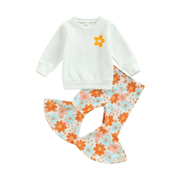 Bagilaanoe 2pcs Toddler Baby Girl Long Pants Set Letter Print Long Sleeve Sweatshirt Tops + Flare Trousers 6M 12M 18M 24M 3T 4T Kids Casual Outfits