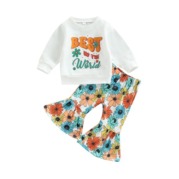 Bagilaanoe 2pcs Toddler Baby Girl Long Pants Set Letter Print Long Sleeve Sweatshirts Tops Flower Print Flare Trousers 6M 12M 18M 24M 3T 4T Kids Casual Outfits
