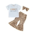thumbnail image 1 of Bagilaanoe 2pcs Toddler Baby Girl Long Pants Set Letter Print Short Sleeve T-Shirt Tops + Leopard Flare Trousers + Headband 6M 12M 18M 24M 3T 4T Kids Casual Outfits, 1 of 9