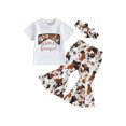 thumbnail image 1 of Bagilaanoe 2pcs Toddler Baby Girl Long Pants Set Letter Print Short Sleeve T-shirt Tops + Flare Trousers + Headband 6M 12M 18M 24M 3T 4T Kids Casual Outfits, 1 of 8