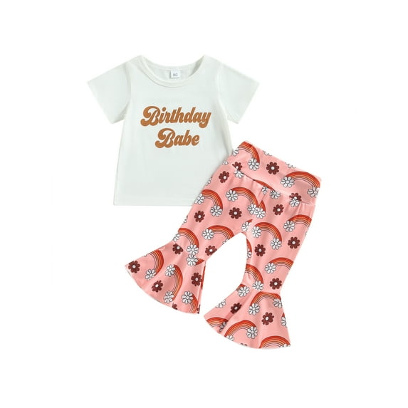 Bagilaanoe 2pcs Toddler Baby Girl Long Pants Set Letter Print Short Sleeve T-shirt Tops + Rainbow Flare Trousers 6M 12M 18M 24M 3T 4T Kids Casual Outfits