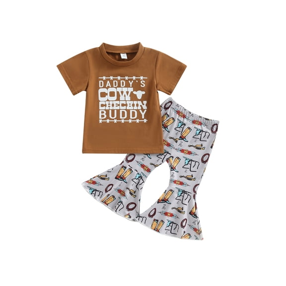 Bagilaanoe 2pcs Toddler Baby Girl Long Pants Set Letter Print Short Sleeve T-shirts Tops Flare Trousers 6M 12M 18M 24M 3T 4T Kids Casual Outfits