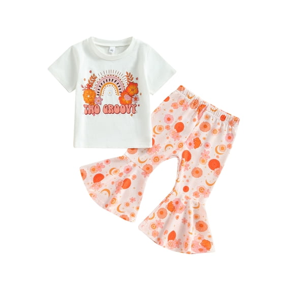 Bagilaanoe 2pcs Toddler Baby Girl Long Pants Set Letter Rainbow Print Short Sleeve T-Shirts Tops + Flare Trousers 6M 12M 18M 24M 3T 4T Kids Casual Outfits