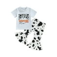 thumbnail image 1 of Bagilaanoe 2pcs Toddler Baby Girl Long Pants Set Letters Print Short Sleeve Sleeve T Shirts Tops + Flare Trousers 18M 24M 3T 4T 5T 6T Kids Casual Outfits, 1 of 9