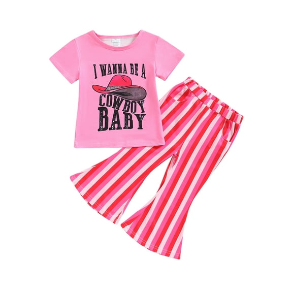 Bagilaanoe 2pcs Toddler Baby Girl Long Pants Set Letters Print Short Sleeve T-Shirt Tops + Striped Flare Trousers 1T 2T 3T 4T 5T 6T Kids Casual Outfits