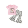 thumbnail image 1 of Bagilaanoe 2pcs Toddler Baby Girl Long Pants Set Letters Print Short Sleeve T-shirt Tops + Plaid Flare Trousers 6M 12M 18M 24M 3T Kids Casual Outfits, 1 of 8