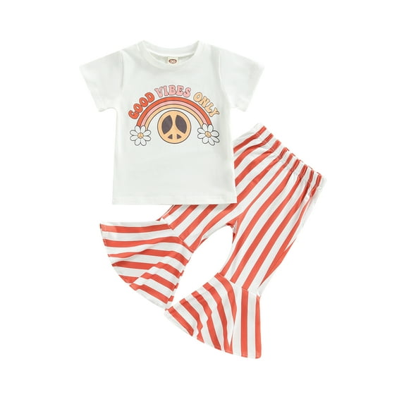 Bagilaanoe 2pcs Toddler Baby Girl Long Pants Set Letters Print Short Sleeve T-shirt Tops + Striped Flare Trousers 12M 24M 3T 4T 5T 6T Kids Casual Outfits